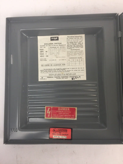 FPE 7632 TYPE LD SAFETY SWITCH 60AMP 250VDC 240VAC 3 POLE 10-15HP