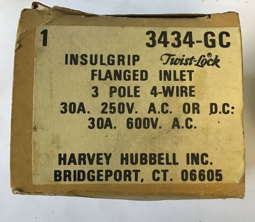 HUBBELL 3434-GC INSULGRIP FLANGED INLET 3POLE 30A 250V/ 30A 600VAC