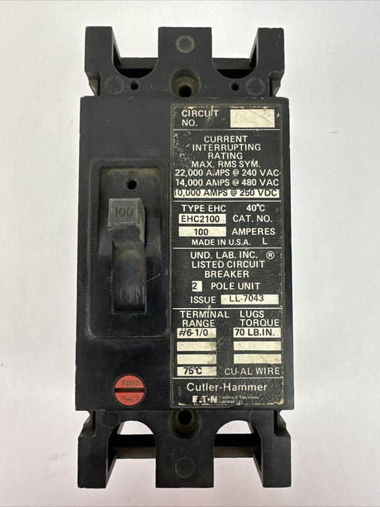 CUTLER HAMMER EHC2100 CIRCUIT BREAKER 100AMP 240/480VAC 250VDC 2POLE