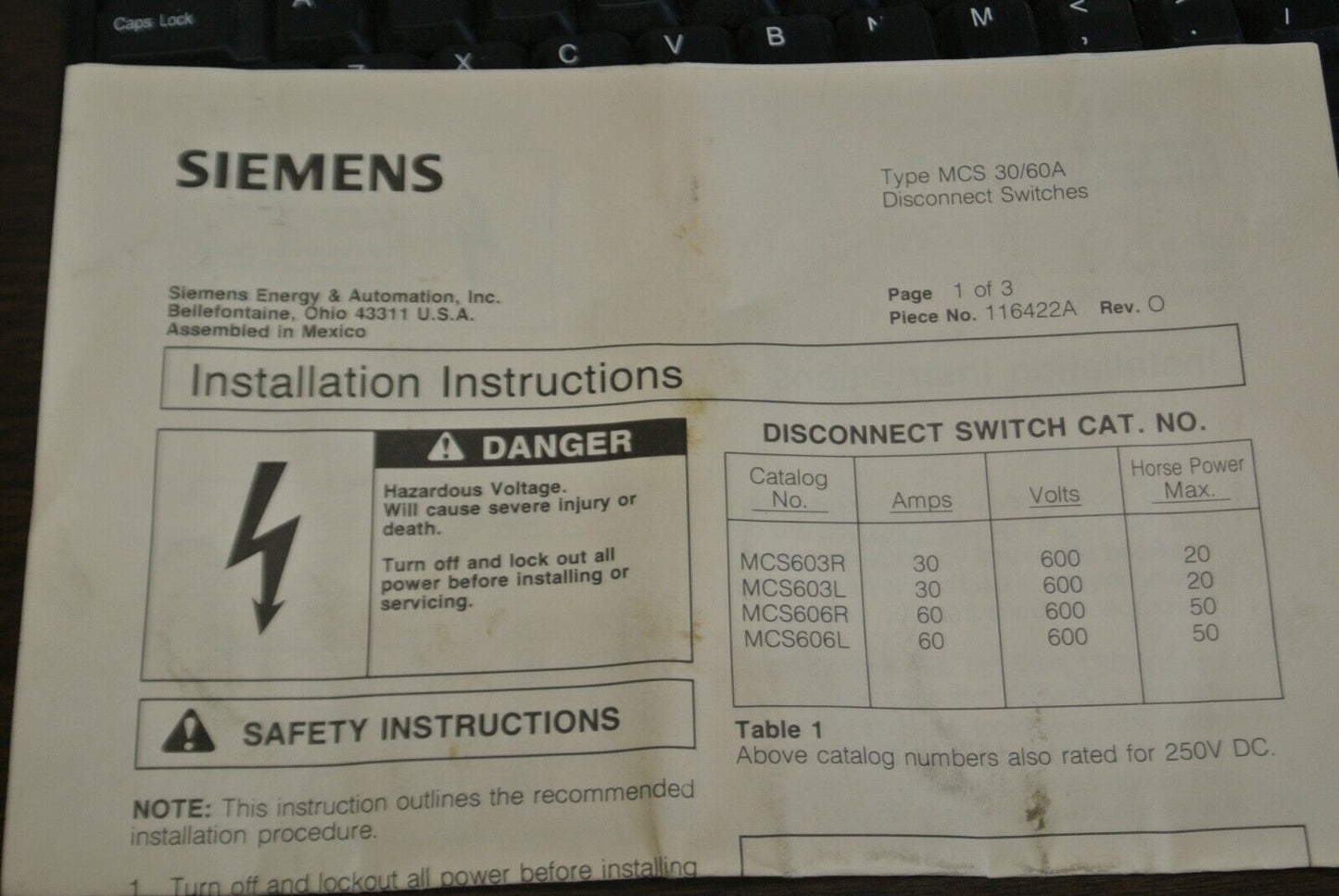 SIEMENS MCS603R / I-T-E / DISCONNECT SWITCH / 30A / 600V / 3-POLE / NEW SURPLUS