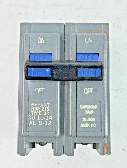 BRYANT *BOX OF 5* - HBR215 - COMMON TRIP CIRCUIT BREAKERS - 2 POLE/15 A/240 VAC