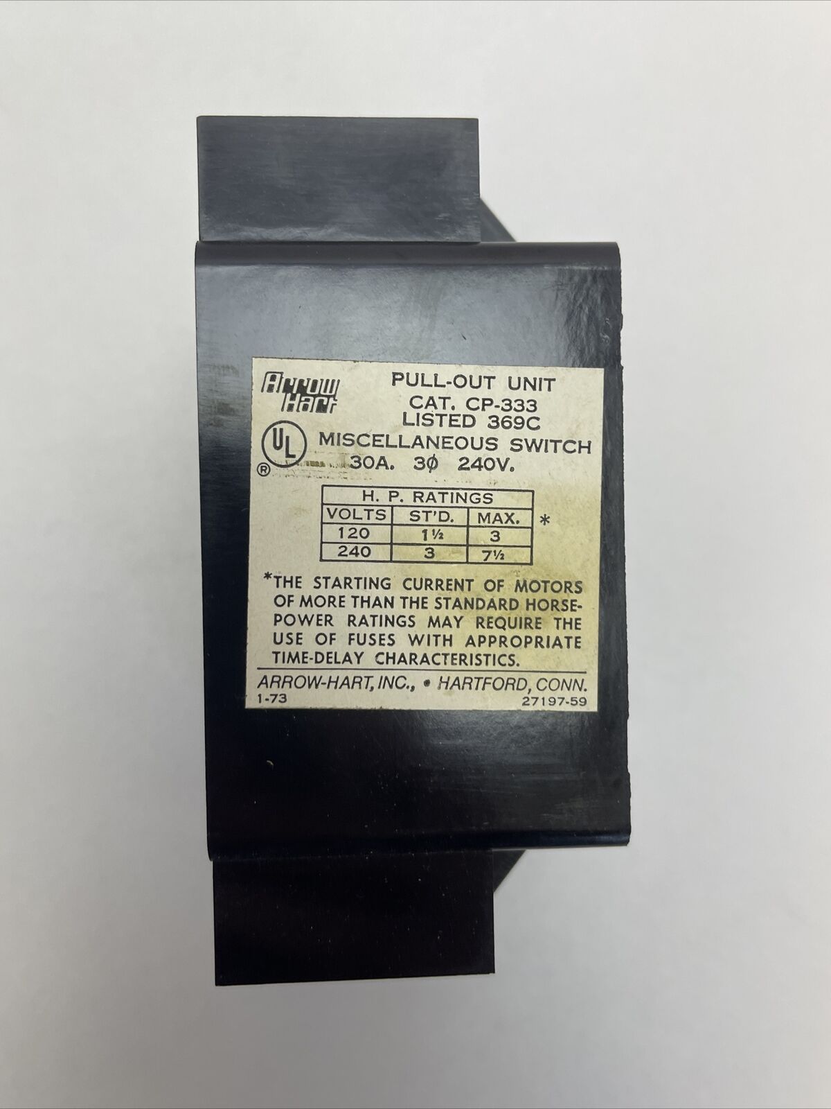 ARROW HART CP-333 PULL-OUT UNIT MISCELLANEOUS SWITCH 30A 240V 7.5HP