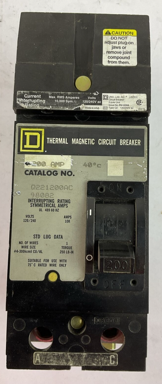 SQUARE D Q221200AC 2POLE CIRCUIT BREAKER 200AMP 120/240VAC