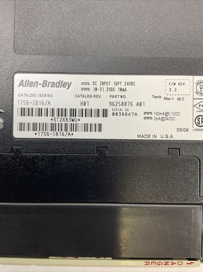 ALLEN BRADLEY 1756-IB16 SER A CAT REV H01 F/W REV 3.2 DC INPUT 16PT 24VDC