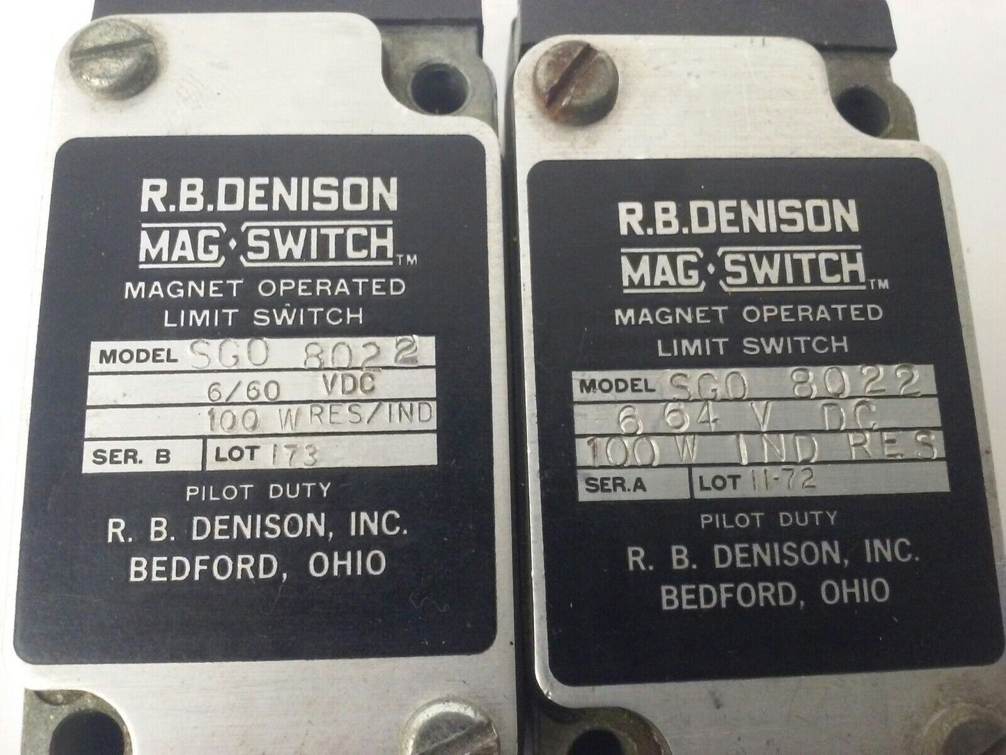 R.B.DENISON  SGO-8022 MAG OPERATED LIMIT SWITCH 6/60VDC, 100W.RES/IND, LOT OF 2