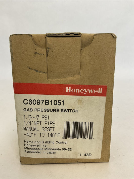 HONEYWELL C6097B1051 GAS PRESSURE SWITCH 1.5-7PSI 1/4" NPT PIPE MANUAL RESET