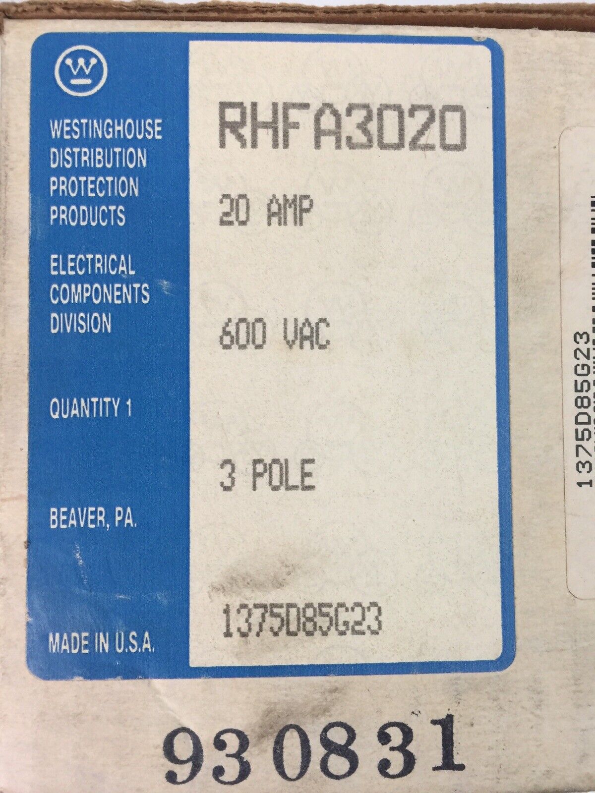 WESTINGHOUSE RHFA3020 CIRCUIT BREAKER 20AMP 600VAC 3POLE 1375D85G23