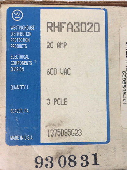 WESTINGHOUSE RHFA3020 CIRCUIT BREAKER 20AMP 600VAC 3POLE 1375D85G23