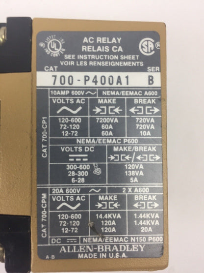 ALLEN BRADLEY 700-PL400A1 SER C AC RELAY 700-P400A1 700-PLLAI SER B PL236