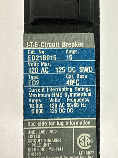SIEMENS ITE ED21B015 MOLDED CASE CIRCUIT BREAKER 15A 1P 120VAC 125VDC (BOX OF 3)