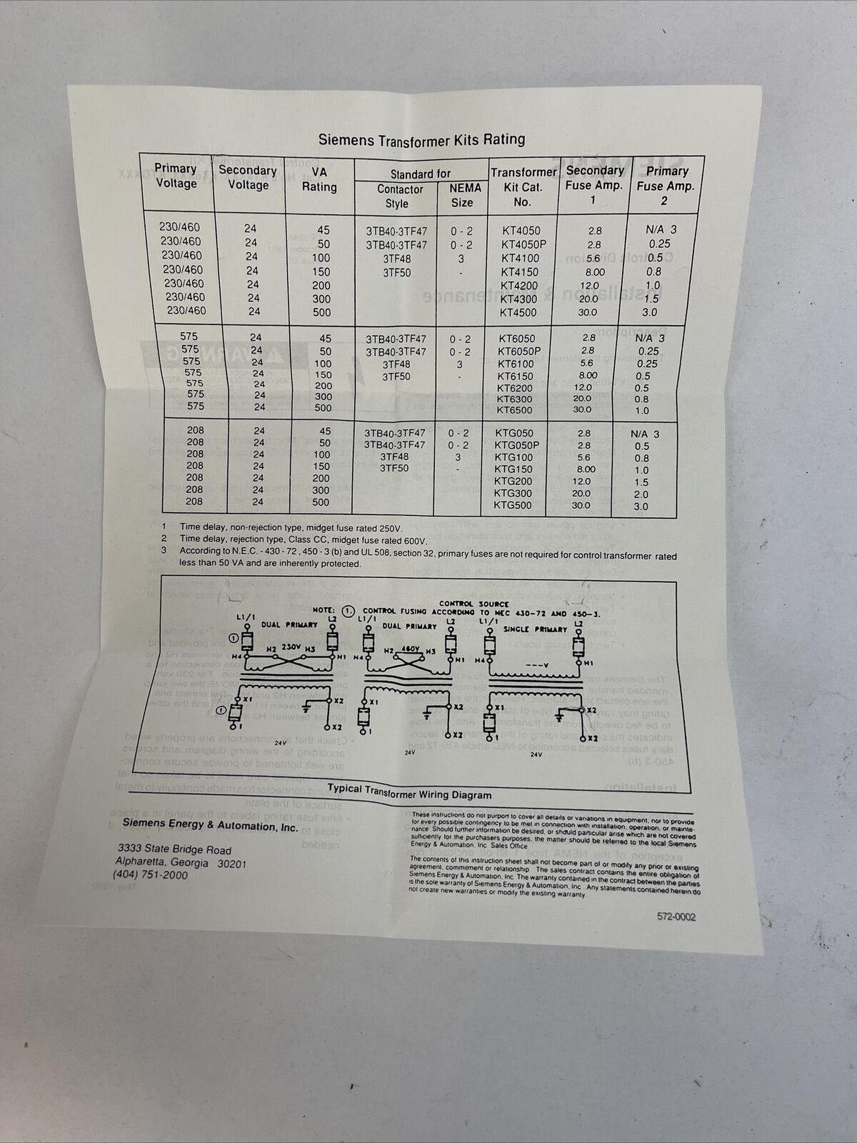 SIEMENS KTG050P TRANSFORMER KIT VA RATING 50 PRI. VOLTS: 200 SEC. VOLTS: 24