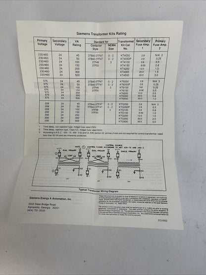 SIEMENS KTG050P TRANSFORMER KIT VA RATING 50 PRI. VOLTS: 200 SEC. VOLTS: 24