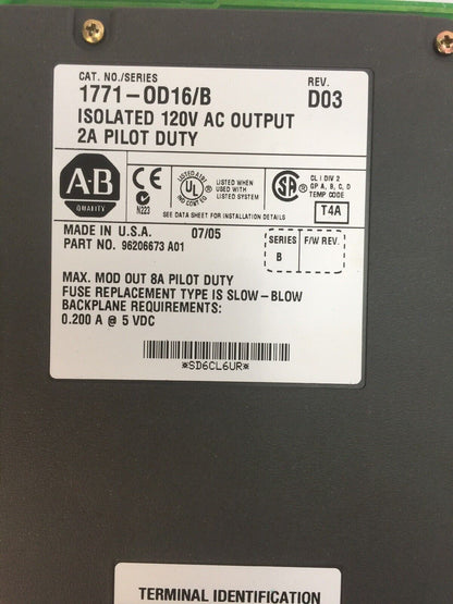 ALLEN BRADLEY 1771-0D16/B 120VAC OUTPUT 2A PILOT DUTY REV D03