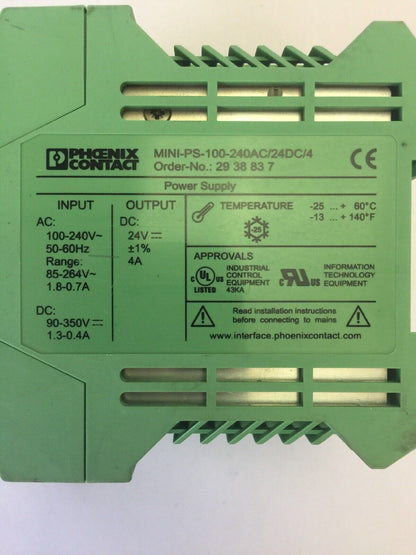 PHOENIX CONTACT MINI-PS-100-240AC/24DC/4 POWER SUPPLY INPUT 100-240VAC 90-350VDC