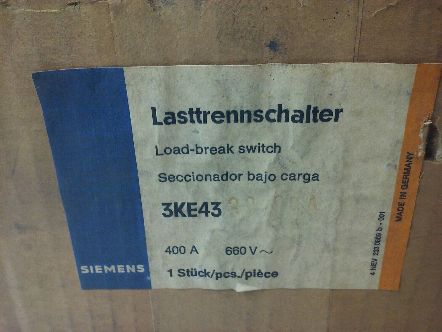 SIEMENS 3KE43 LOAD BREAK SWITCH 660VAC 400A VDE 0660 3KX2210