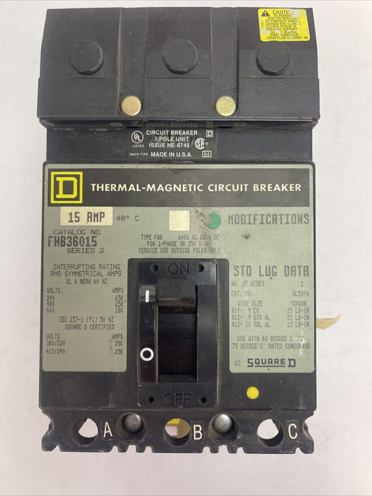 SQUARE D FHB36015 THERMAL-MAGNETIC CIRCUIT BREAKER 15A 600VAC 250VDC 3P SERIES 2