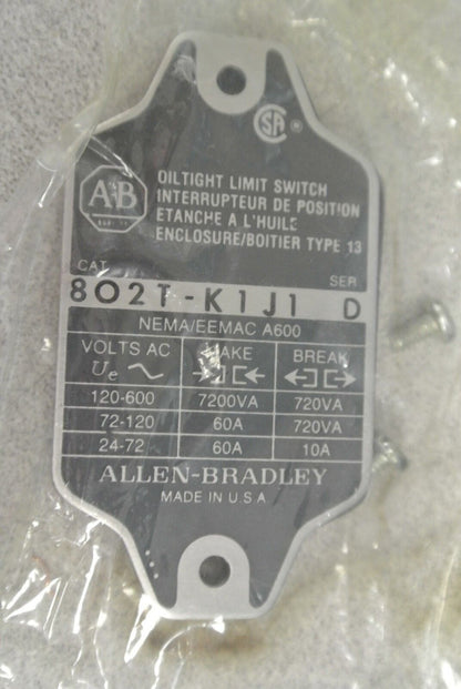 ALLEN-BRADLEY 802T-K1J1 OILTIGHT LIMIT SWITCH Ser. D / NON-PLUG-IN / NEW SURPLUS