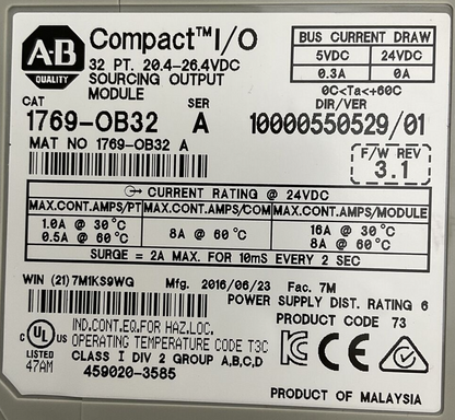 ALLEN BRADLEY 1769-OB32 SER A DIR/VER 10000550529/01 F/W REV 3.1 32PT COMPACT