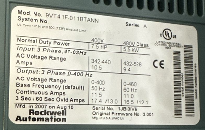 ROCKWELL AUTOMATION VTAC 9 HVAC DRIVE 9V741HRNB30 S7-642A-V9-10 460VAC 7.5HP 3PH