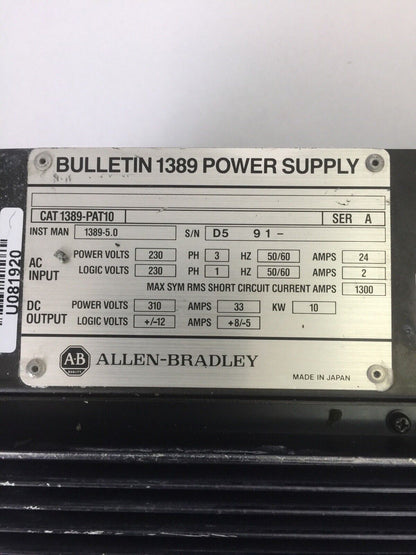 ALLEN BRADLEY 1389-PAT10 POWER SUPPLY SER A OUTPUT 310VDC 33A 10KW  INPUT 230VAC