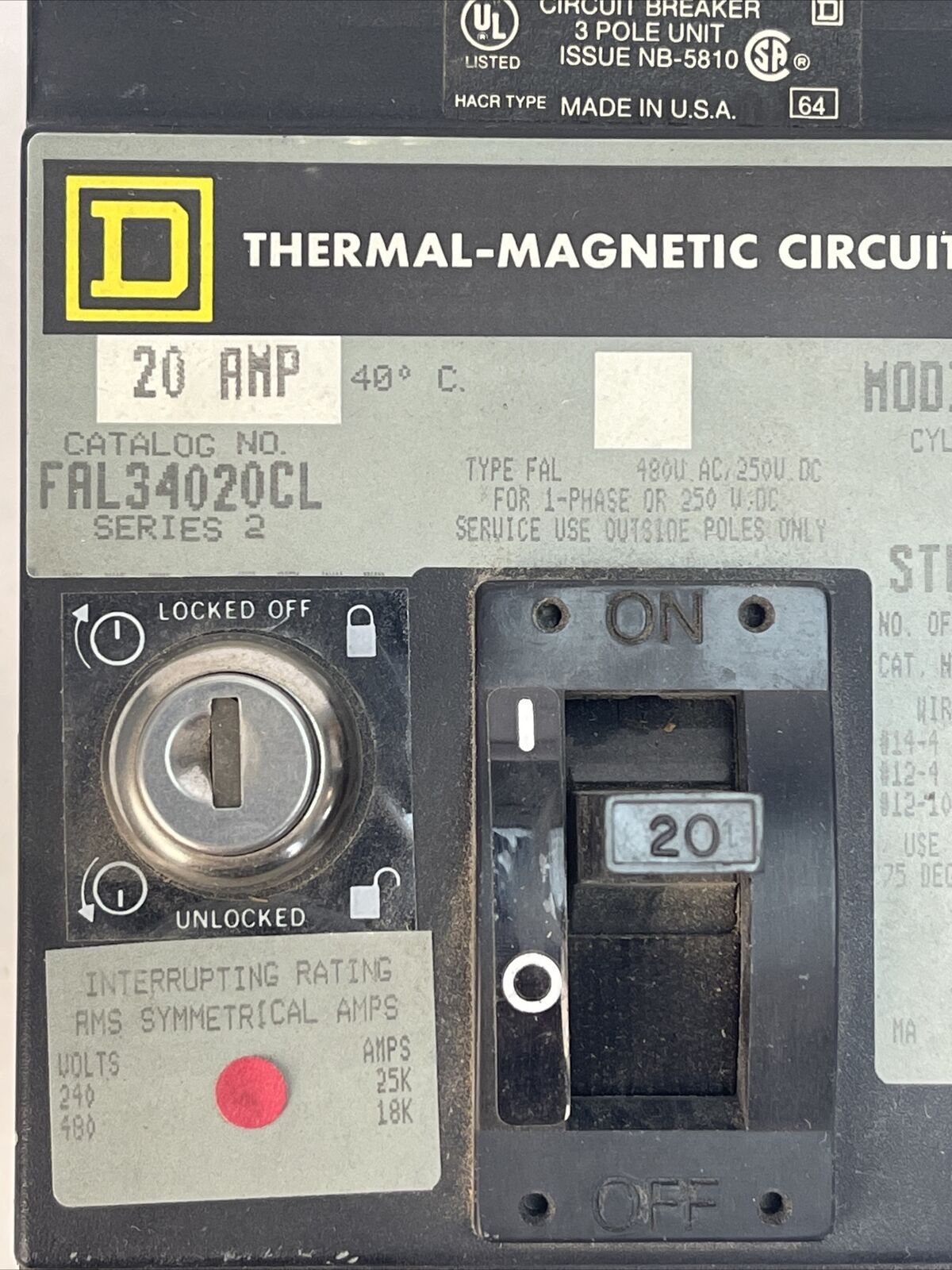 SQUARE D FAL34020CL CIRCUIT BREAKER 20AMP 480VAC 250VDC 3POLE SER 2 *MISSING KEY