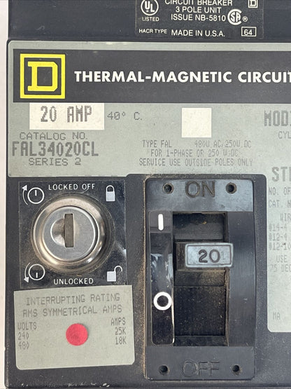 SQUARE D FAL34020CL CIRCUIT BREAKER 20AMP 480VAC 250VDC 3POLE SER 2 *MISSING KEY