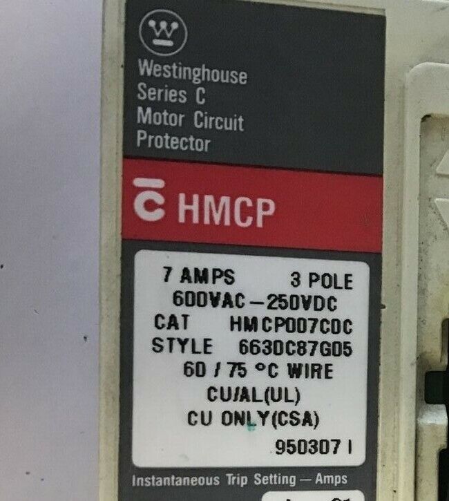WESTINGHOUSE HMCP007CDC CIRCUIT BREAKER 7AMP 3POLE SER.C 600VAC 250VDC