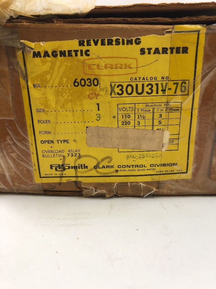 CLARK CONTROLLER CO. X3OU31 REVERSING MAGNETIC STARTER, 110/220/440/600V, NEW