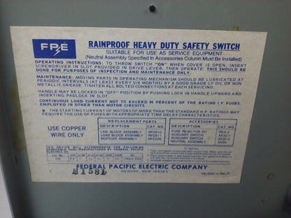 FPE RH1336R FUSIBLE SAFETY SWITCH 3P, 30A, 600VAC,3 WIRE,3 BLADES,20HP RAINPROOF