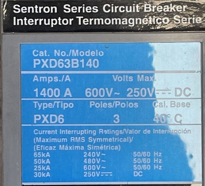 SIEMENS PXD63B140 SENTRON SERIES CIRCUIT BREAKER 1400A 600VAC 250VDC U07MN64AA