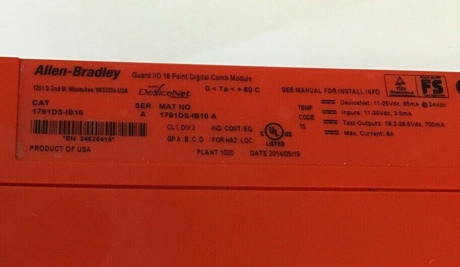 ALLEN BRADLEY 1791DS-IB16 SER.A GUARDI/O 16 POINT DIGI COMB MODULE 8AMP