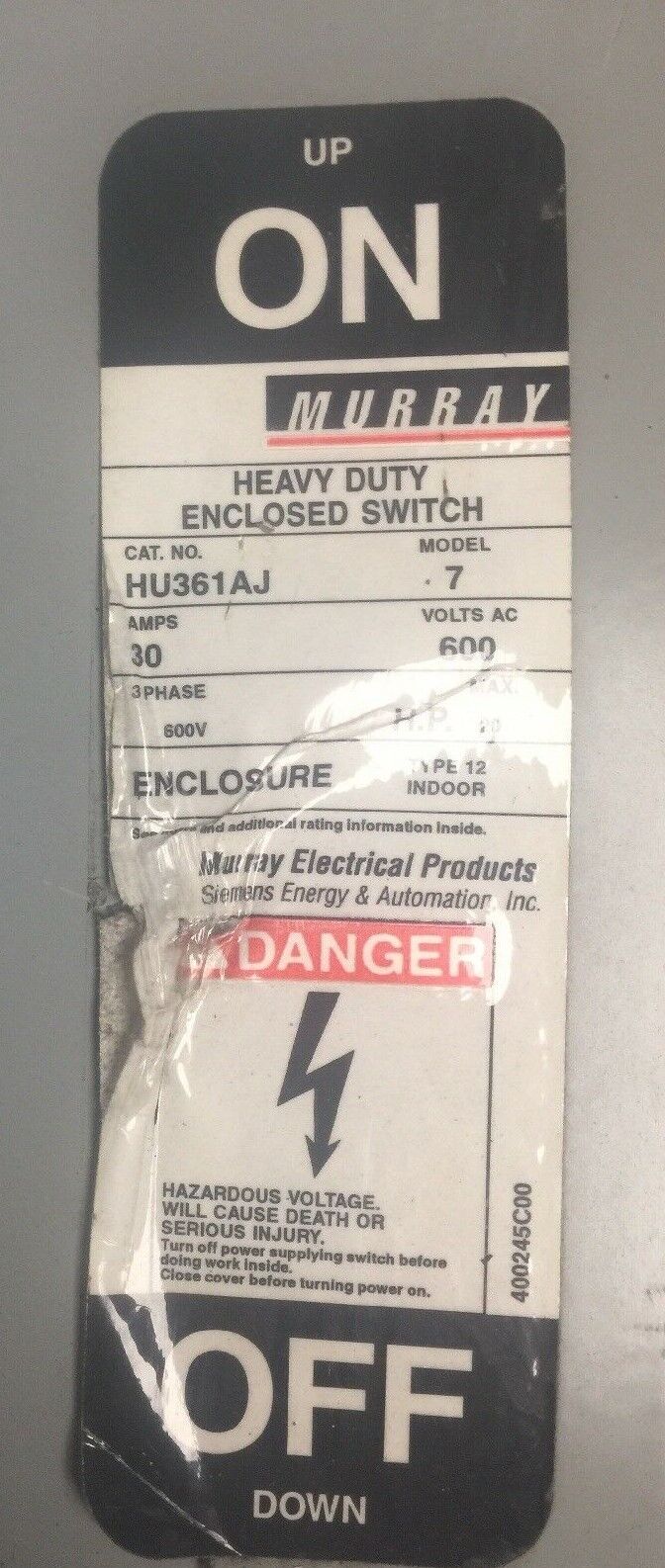 MURRAY HU361AJ HEAVY DUTY ENCLOSED SWITCH 30AMP 600VAC 3 PHASE 20HP TYPE 12