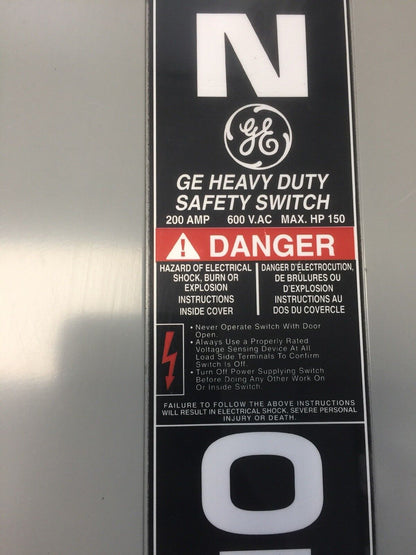 GE THN3364 SAFETY SWITCH 200AMP 250VDC 600VAC 150HP 3 PHASE NON-FUSIBLE MODEL 10