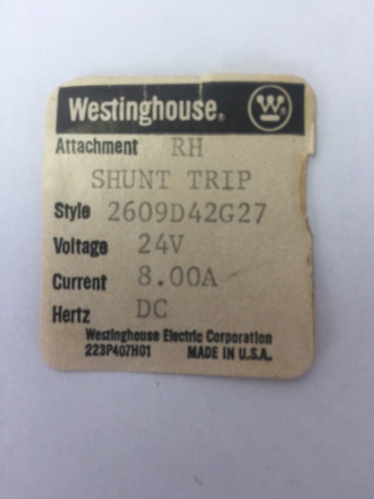 WESTINGHOUSE/CUTLER HAMMER 2609D42G27 RH SHUNT TRIP 24VDC 8.0A