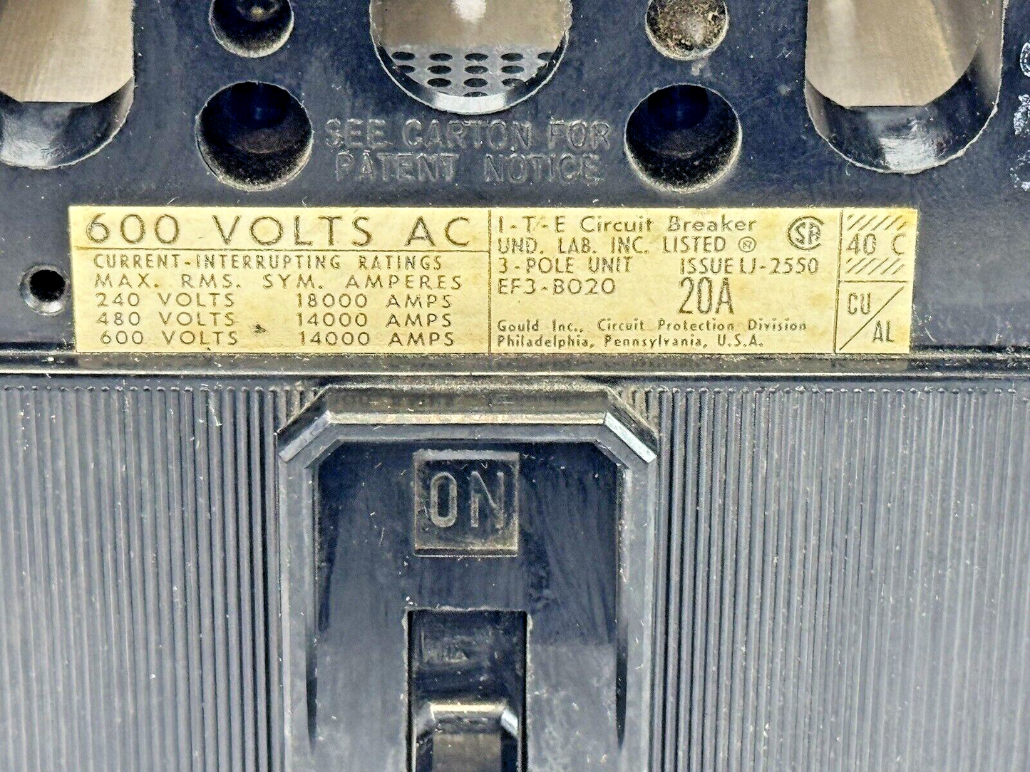 ITE / SIEMENS - EF3-B020 - MOLDED CASE CIRCUIT BREAKER - 3 POLE/20A/600 VAC