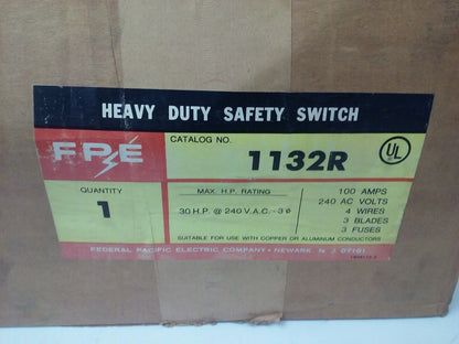 FPE 1132R FUSIBLE HEAVY DUTY SAFETY SWITCH 3P, 100A, 240VAC, 4 WIRE, 30HP