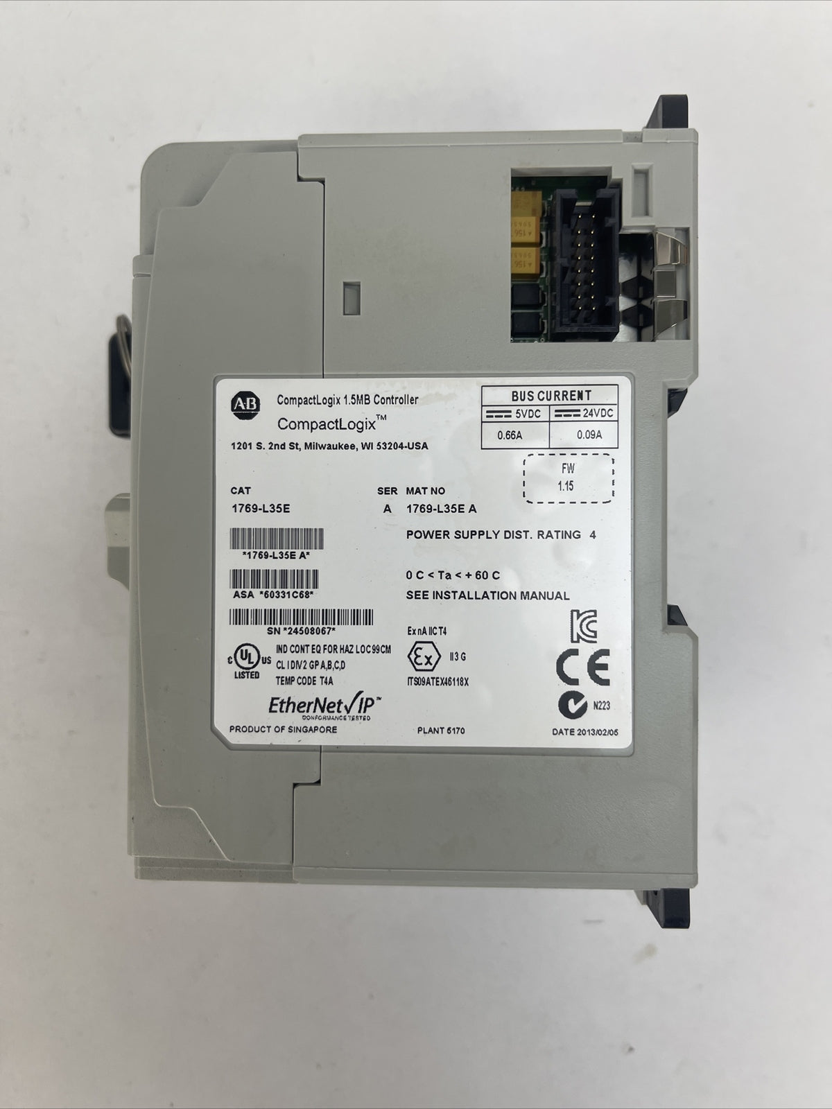ALLEN BRADLEY 1769-L35E COMPACT LOGIX 1.5MB CONTROLLER SER A FW1.15 24VDC 0.09A