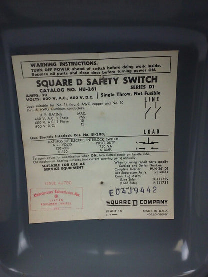 SQUARE D HU-261 SER. D1 SAFETY SWITCH 600VAC/DC 30A SINGLE THROW NON FUSIBLE