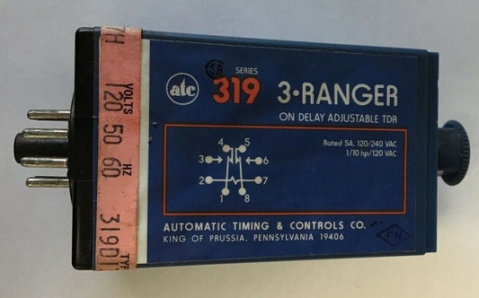 ATC 319 TIME DELAY RELAY 3 RANGER 319D13401C 5AMP 120/240VAC 0-8.0SEC 50/60HZ