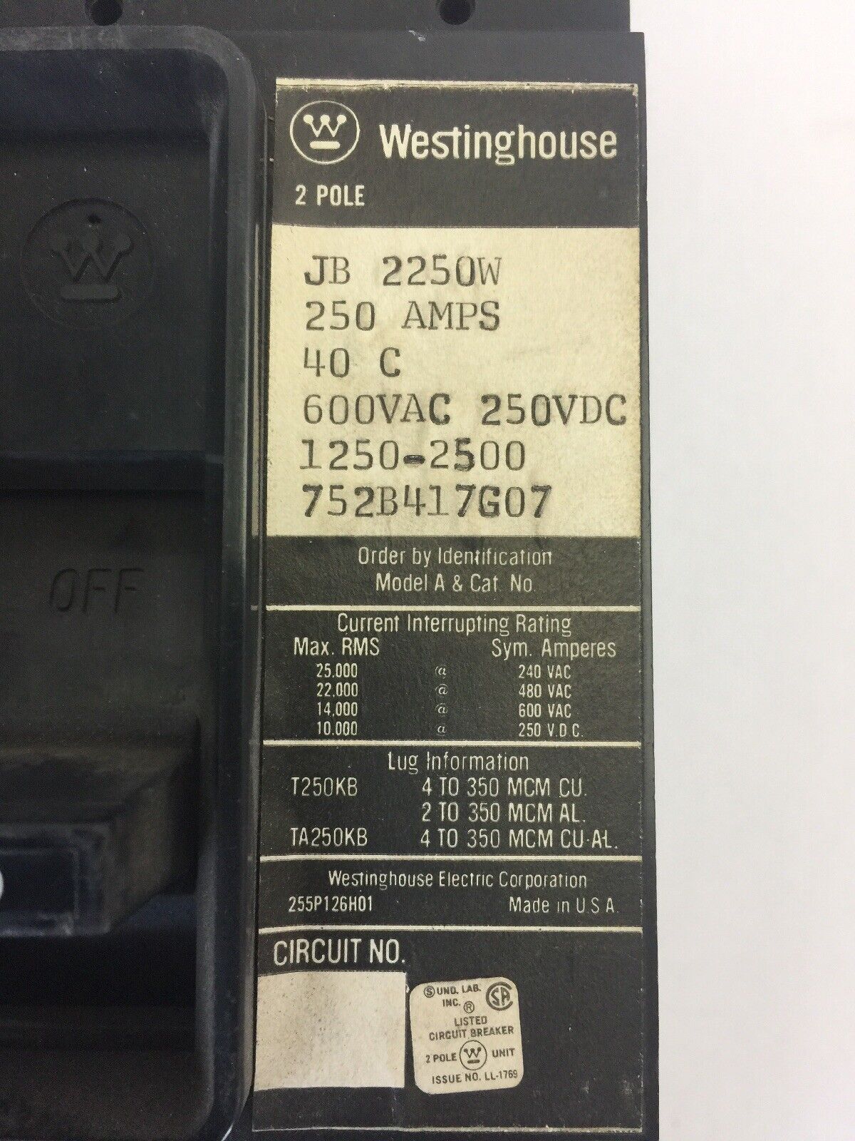 WESTINGHOUSE JB2250W CIRCUIT BREAKER 250AMPS 600VAC 250VDC 2 POLE