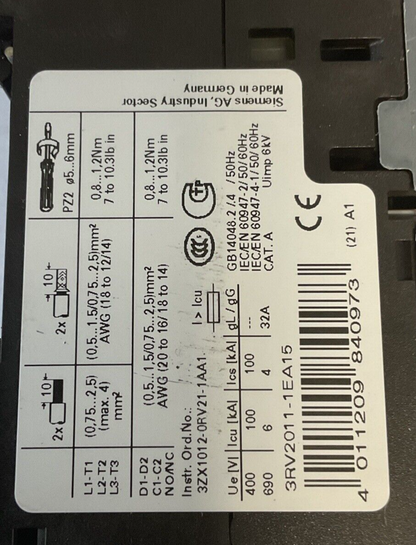 SIEMENS 3RV2011-1EA15 CIRCUIT BREAKER 52A CAT.A
