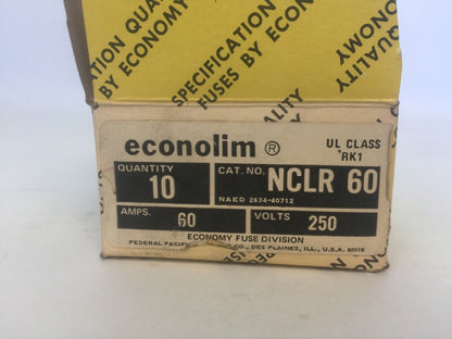 ECONOLIM NCLR 60 CURRENT LIMITING CLASS RK1 FUSE 60AMP 250VAC  (LOT OF 10)