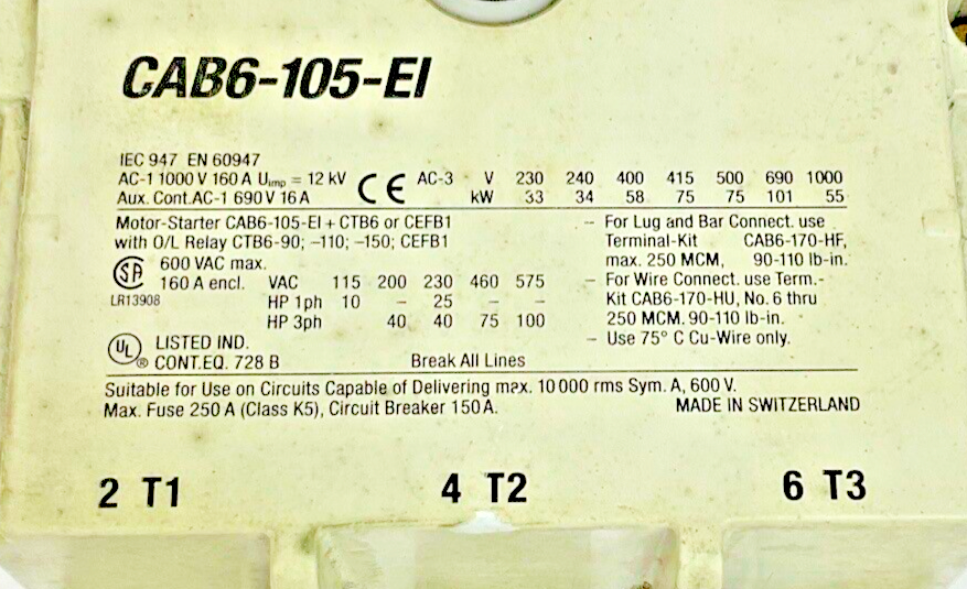ALLEN BRADLEY CAB6-105-EI CONTACTOR 600V 160A