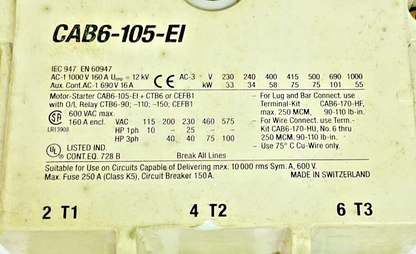 ALLEN BRADLEY CAB6-105-EI CONTACTOR 600V 160A