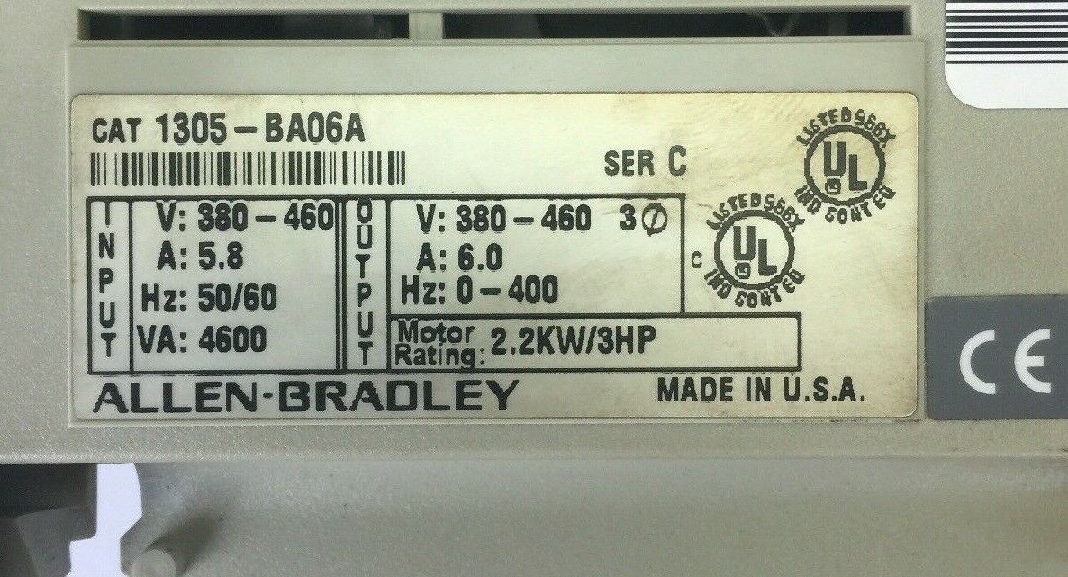 ALLEN BRADLEY 1305-BA06A AC DRIVE INPUT 380-460V 5.8A OUTPUT 380-460V 6A 3HP