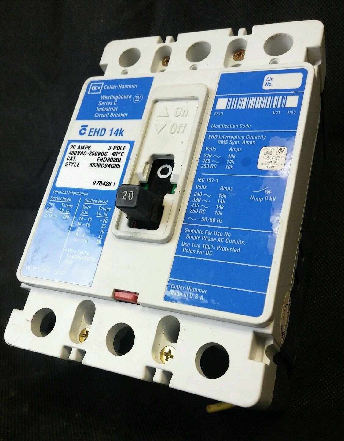 Cutler Hammer EHD EHD3020L 20 Amp 3 Pole 480 VAC 250 VDC Circuit Breaker