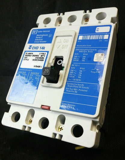Cutler Hammer EHD EHD3020L 20 Amp 3 Pole 480 VAC 250 VDC Circuit Breaker
