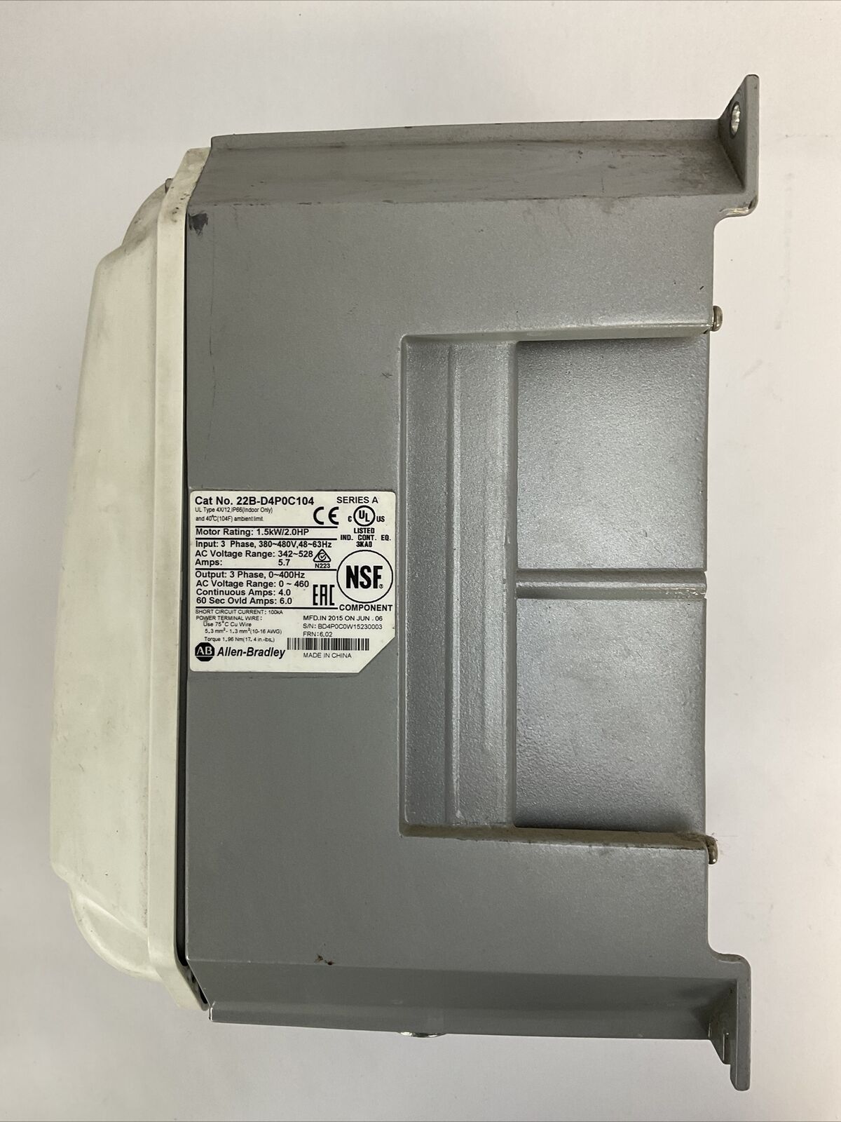 ALLEN BRADLEY 22B-D4P0C104 AC DRIVE POWER FLEX 40 FRN 6.02 OUTPUT 0-460VAC INPUT