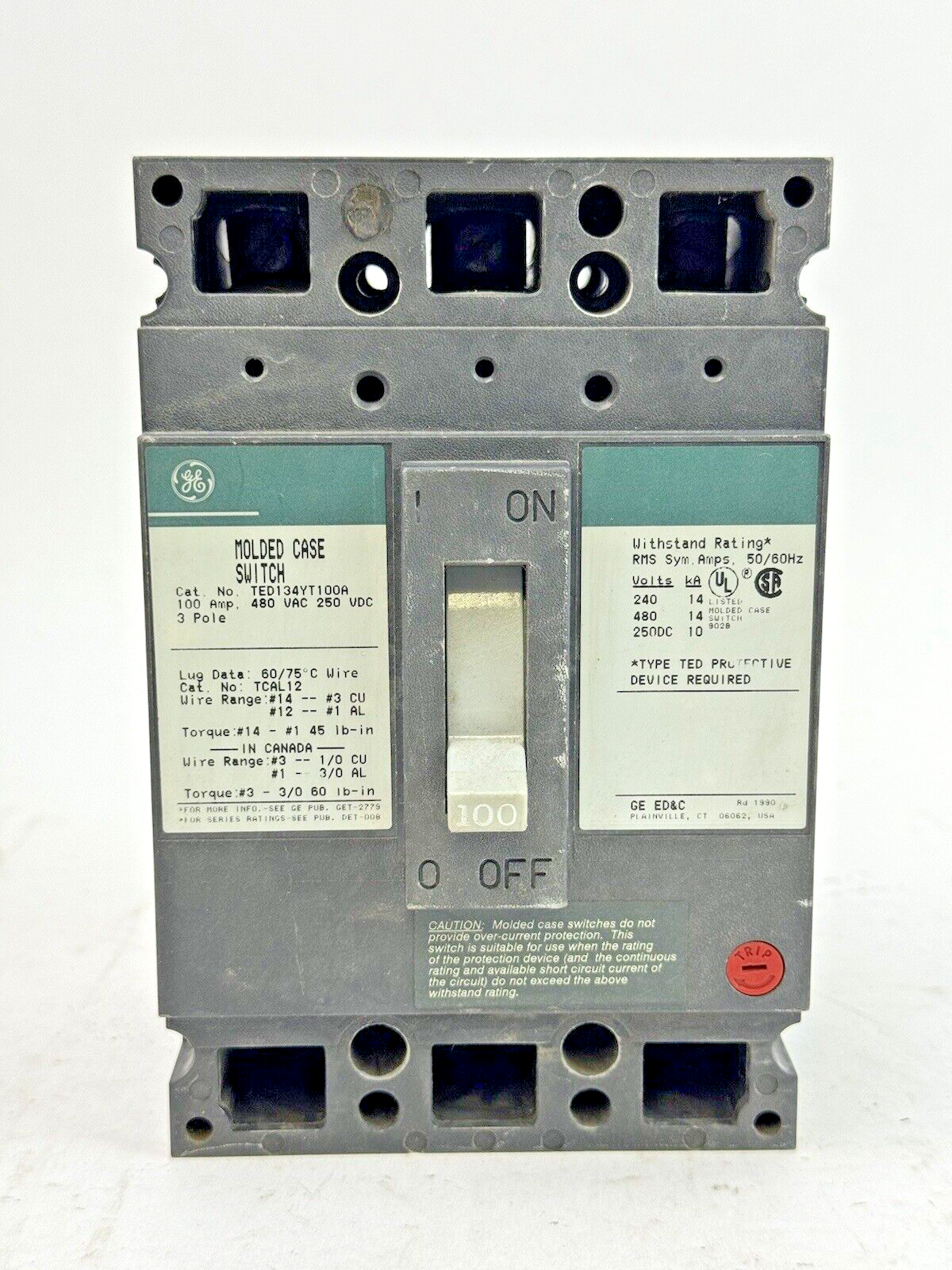GE - TED134YT100A - MOLDED CASE SWITCH - 3 POLE, 100 A, 480 VAC