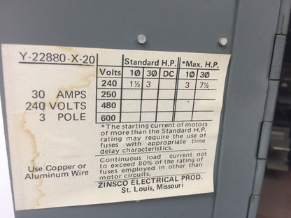 ZINSCO QSFT333B FUSIBLE TWIN PANELBOARD SWITCH 240VAC 30A 3 POLE